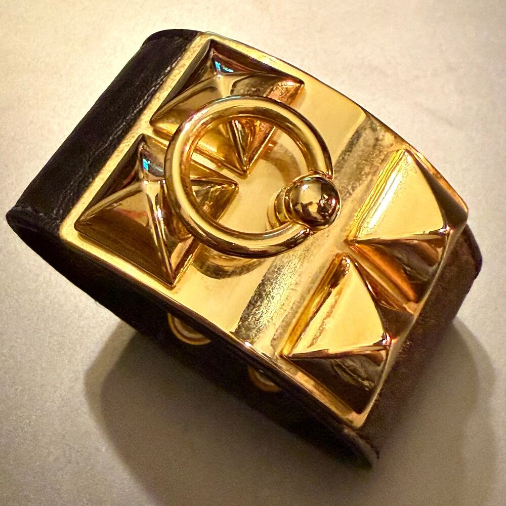 King Star Hermès Style Gold Pyramid Stud Leather Bracelet